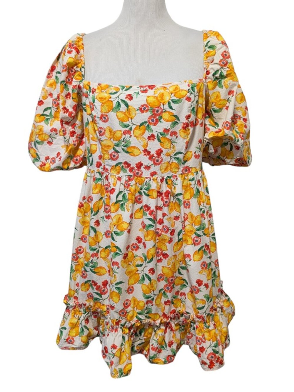 Afra Saracoglu X Koton Size 40/L Lemon Floral Puff Sleeve Square Neck Mini Dress